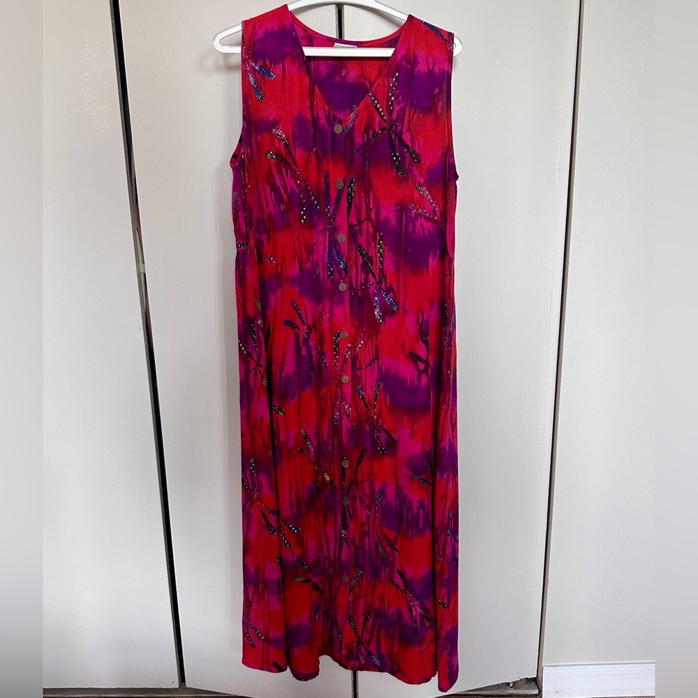 Vintage WORLD APART Vibrant Pink & Purple Dragonfly Sleeveless Boho Maxi Dress M